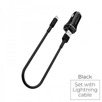 Cargador de Auto Borofone BZ2 con 2 Puertos USB y Cable Lightning (2.4A, Policarbonato Durable, Negro)