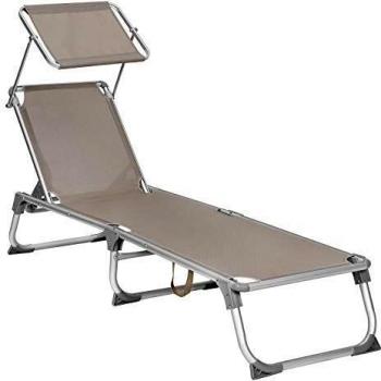 Tumbona Reclinable Plegable con Dossier y Techo Solar, Taupe / 193 x 55 x 31 cm / Aluminio, Tela Sintética, Soporta hasta 150 kg