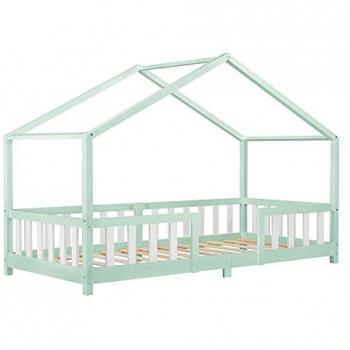 Cama Infantil Treviolo de Madera Pino 90x200 cm en Forma de Casa con Reja Protectora en Verde Menta y Blanco Mate