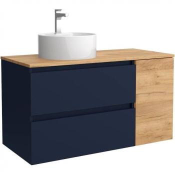Mueble de baño Bequia con encimera y lavabo posar, coqueta de 90cm, color azul/roble, dimensiones 90x45x56 cm, incluye 1 puerta