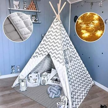 Tipi Infantil Tienda para niños con colchoneta Acolchada & Luz de hadas- Tienda de campaña para niños y niñas de Interior y Exterior, Gris Chevron Heavy Cotton Canvas Teepee