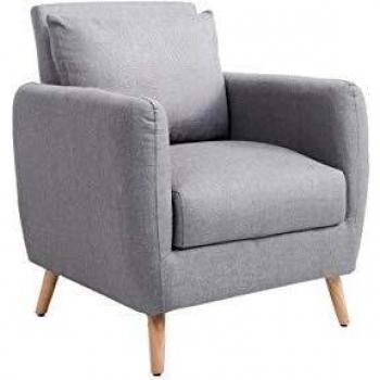 Sillón de salón Tilgard en tela gris con brazos y base de madera, estilo escandinavo, butaca relax acolchada