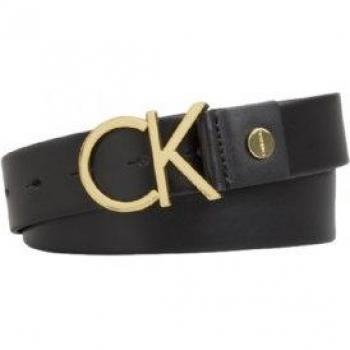 Cinturón de piel Calvin Klein para mujer con logo negro y hebilla dorada clara, 90 cm, ajuste 3.5 cm