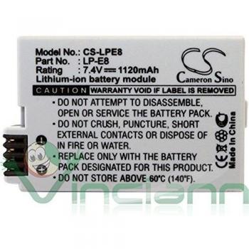 Batería Recargable Li-ion 7.4V 1.12Ah tipo LP-E8 para Canon EOS 700D, 600D, 550D y Rebel T2i/T3i