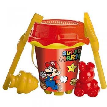 Cubo Playa Castillo 18 CM Super Mario con CEDAZO,Pala,RASTRILLO Y MOLDES