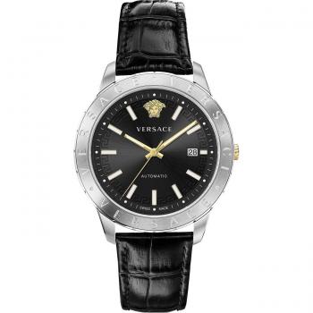 Versace Men's Leather Strap Date Window Watch, Gray, Size: ONE SIZE