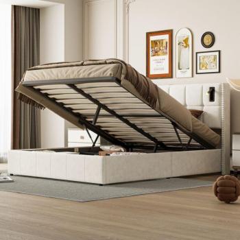 Cama matrimonial con almacenamiento 160x200 cm, flanela, cabecero tapizado con 2 puertos USB/1 TYPE C y luz de lectura, somier de láminas