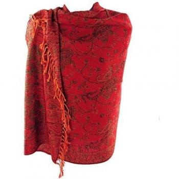 Silver Fever® Pashmina con diseño Jacquard y estampado de Cachemira, doble cara rojo y naranja Talla única