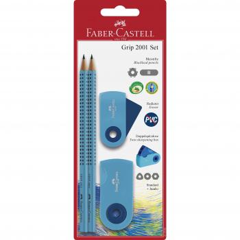 Blíster con 2 lápices Grip 2001 + goma de borrar + afilalápices color azul