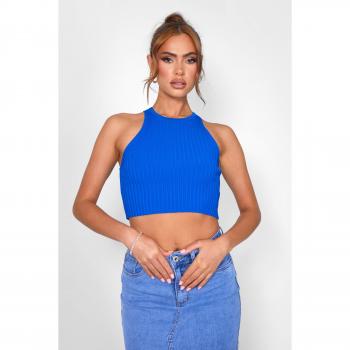 Knitted Ribbed Racer Top in Cobalt Blue