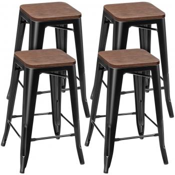 Set de 4 Taburetes de Bar de Metal con Asiento de Madera, Patas de Hierro y Reposapiés para Comedor Salón Cocina, Color Negro, Dimensiones: 41 x 41 x 64,