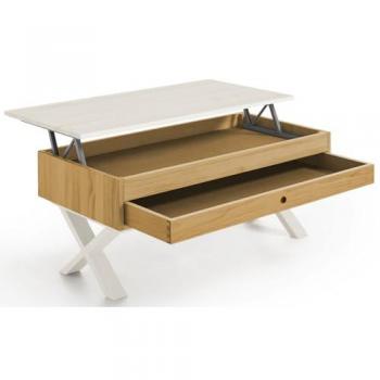 Mesa de Centro Elevable Industrial con Cajón Deslizante y Patas en X, Madera Maciza Natural y Color Blanco, 100x50x47 cm