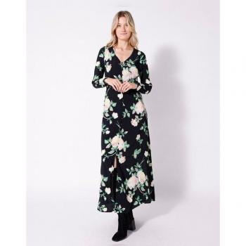 Naf Naf - Vestido largo de manga larga con cuello en V y estampado floral