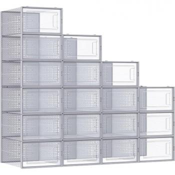 Juego de 18 cajas organizadoras para zapatos, plegables y apilables, transparentes + gris / M (33,5 x 23,2 x 14,3 cm)