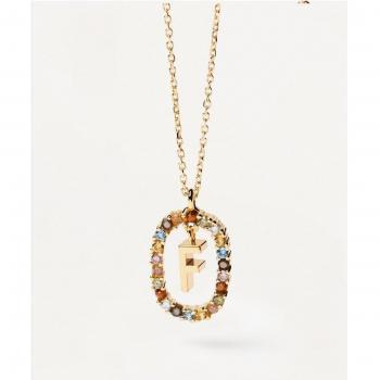 Collar Letra F Plata Baño Oro 18kt con Piedras de Colores