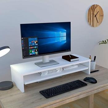 Soporte Elevador de Monitor de Madera FSC® con Bandeja Extraíble 82 x 32 x 18 cm, Soporta 50 Kg, Blanco