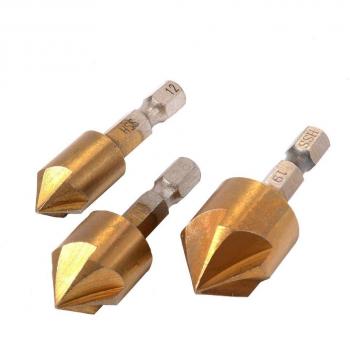 XCSOURCE Conjunto 3pzas Brocas Taladro Avellanador Recubierto Titanio Cortador Biselador Eje Hexagonal HSS 1/4 12/16/19mm BI182