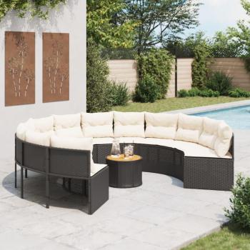 Sofá de jardín circular negro con mesa y almohadas de polyrattan