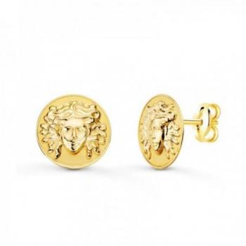 Pendientes de oro 18k para mujer con medusa en el centro, redondos con acabado mate y brillo, cierre de presión.
