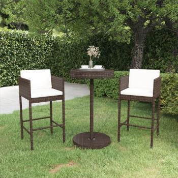 3-Piece Brown Poly Rattan Garden Bar Set with Cushions