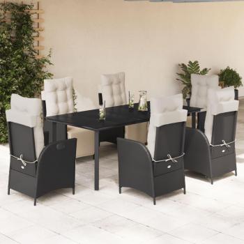 7 Piece Black Poly Rattan Garden Dining Set with Cushions