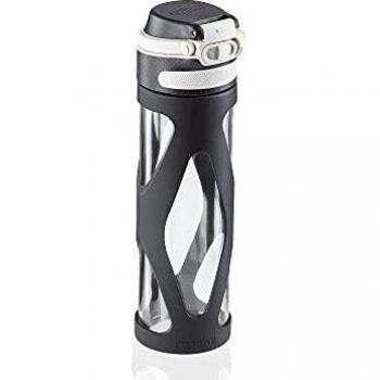 Leifheit Botella de cristal Flip de 600 ml, botella reutilizable 100% hermética, apertura con una mano, botella deportiva sin BPA y con filtro, negro