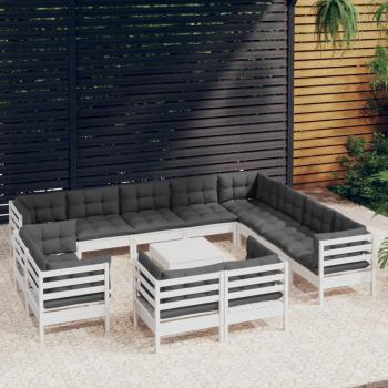 Sofá de jardín 13 PCs con almohadas blancas de madera de pino