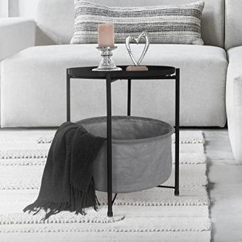 Mesa Auxiliar Redonda de Metal Ø 45,5 x 52,5 cm Negra/Gris con Cesta de Tela y Bandeja Extraíble - Mesita de Centro con Almacenamiento Moderno