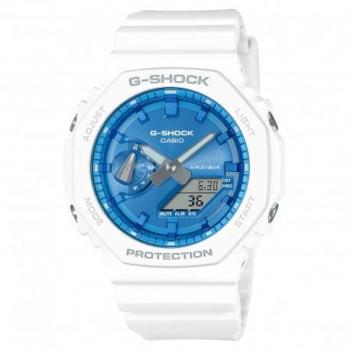 Reloj de pulsera CASIO G-Shock GA-2100WS-7AER con correa blanca y esfera azul luminosa para hombre