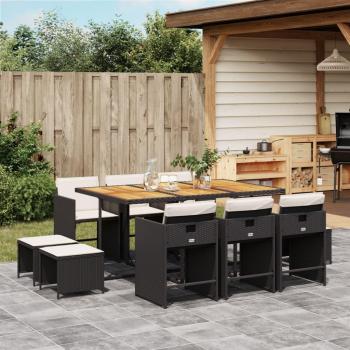 Set de comedor jardín 11 pzas con cojines ratán sintético negro