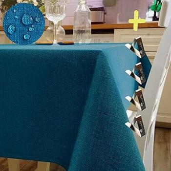 Iycnkok Mantel Antimanchas Cuadrado Manteles Mesa Impermeable Tela 140x140 cm Lavable Efecto Lino Azul, 4 Pinzas Incluidas, Table Cloth Elegante para Exterior Comedor Cocina Jardin Terrazas Fiesta