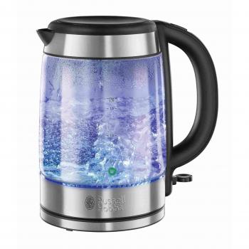 Russell Hobbs Hervidor de Agua Eléctrico Glass - 1,7 litros, 2200 W, Diseño en Cristal, Iluminación Azul, Filtro Extraíble, Base de 360°, Detalles en Acero Inoxidable, Plata - 21600-57