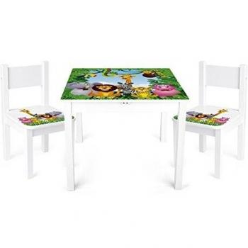 Leomark Mesa y sillas de Madera para niños, 1 Mesa y 2 Silas, Mesas y sillas Infantiles de Madera, Juego de Muebles Infantiles, para Cuarto de los niños, Motivo: Animales Salvajes, Altura: 49 cm
