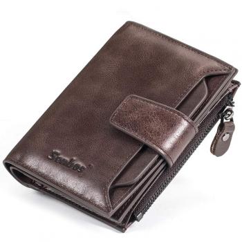 Cartera Hombre, Senbos Cartera de Cuero Suave de Piel de Vaca Genuina Soporte de Tarjeta de crédito Bifold de Capacidad Adicional con Bolsillo con Cremallera marrón para el Dia de San Valentin
