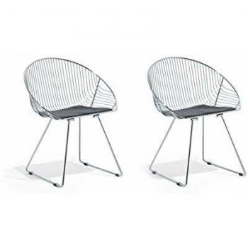 Conjunto de 2 sillas de comedor con marco de metal plateado y asiento de piel sintética negra, diseño moderno industrial Aurora