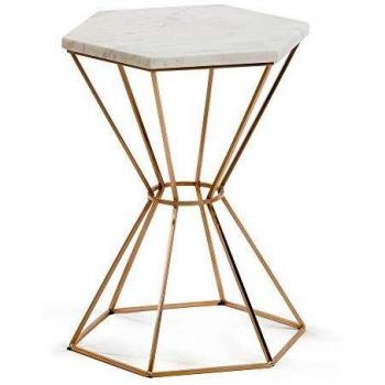 Kave Home - Mesa Auxiliar Linha Blanca Hexagonal 37 cm de mármol y pie de Acero en Dorado