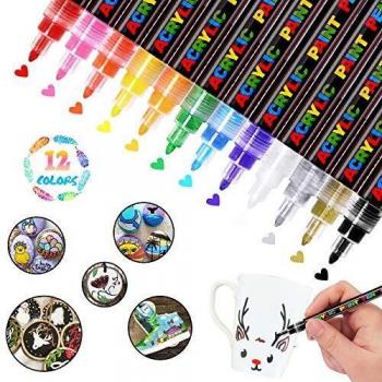 WONSAR Rotuladores Acrilicos 12 Colores Rotuladores de Pintura Acrílica para Lienzo Madera Metal Papel Vidrio Cerámica Taza Plástico Álbum de Fotos Kit de Manualidades DIY