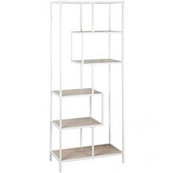 Estantería asimétrica industrial de metal blanco con decoración en madera, 6 niveles, 33x77x185 cm
