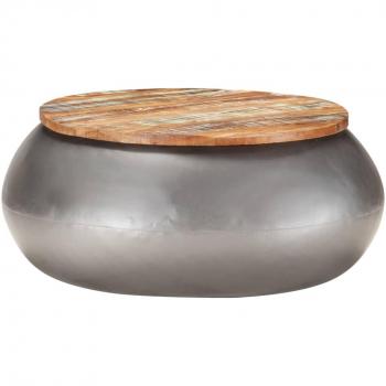 Mesa de centro de madera maciza reciclada de mango 68x68x30 cm en gris, marrón y negro, adecuada para salón o comedor como mesita auxiliar o mesa de café