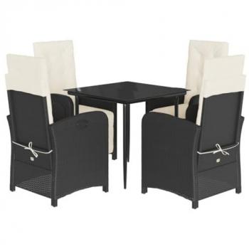 5-Piece Black Poly Rattan Garden Dining Set with Cushions
