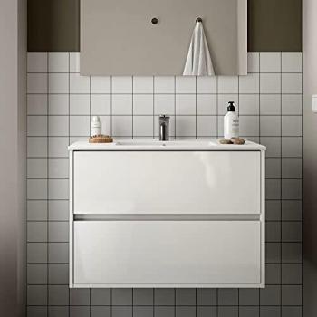 Conjunto Mueble baño 90 cm con Lavabo 100% montado de fábrica | Modelo Noja color Blanco lacado Brillo suspendido 2 cajones cierre amortiguado Tiradores tipo uñero con Lavabo porcelana blanca