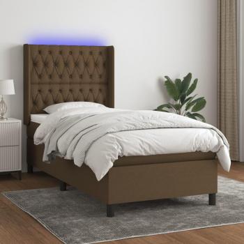 Cama Box Spring con colchón, luces LED, tela marrón oscuro, 100x200cm