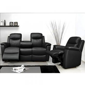 Sofá relax 3 plazas y sillón de piel negro EVASION - Clásico e Intemporal