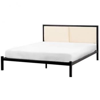 Cama de metal negra 140 x 200 cm con somier y cabecero de tela beige claro diseño moderno Clamart