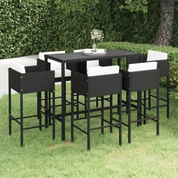 Set de bar de jardín 7 piezas con cojines de ratán sintético negro