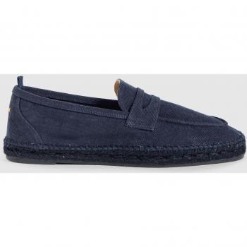 Alpargata plana de hombre Nacho en algodón orgánico azul y silueta de mocasín, hechas a mano con entresuela de yute tintada