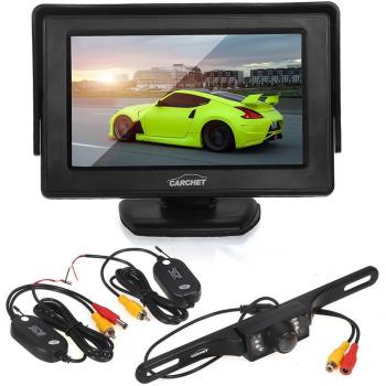 CARCHET Pantalla Monitor TFT LCD 4,3 Pulgadas + Sistema de Cámara de Marcha Atrás Inalámbrico con 7 LED Cámara Retrovisor Visión Trasera Visión Nocturna + Transmisor Receptor Inalámbrico