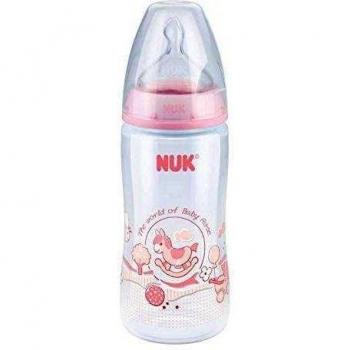 Nuk First Choice+ - Biberón cuello ancho de silicon T1-M, 300 ml, color rosa