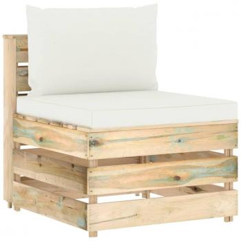 Sofá central modular con almohadas en verde impregnado de madera
