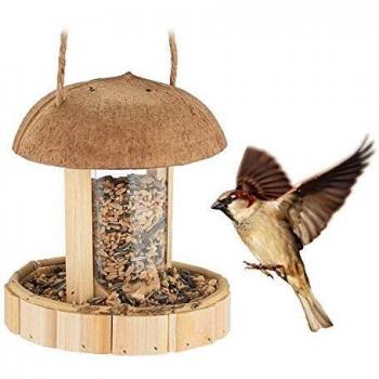 Comedero para Aves de Madera Natural, Colgante, Hecho a Mano, Ideal para Jardín y Balcón, 17 x 14,5 cm